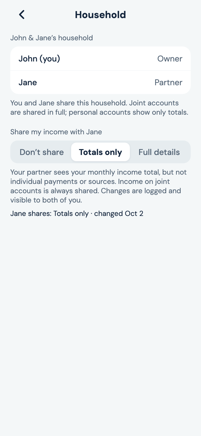 Household screen: John and Jane as members, and the choice to share my income as Don't share, Totals, or Full.